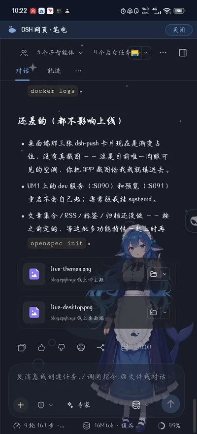 手机上的DSH对话页，含上线报告正文与两张图片卡片