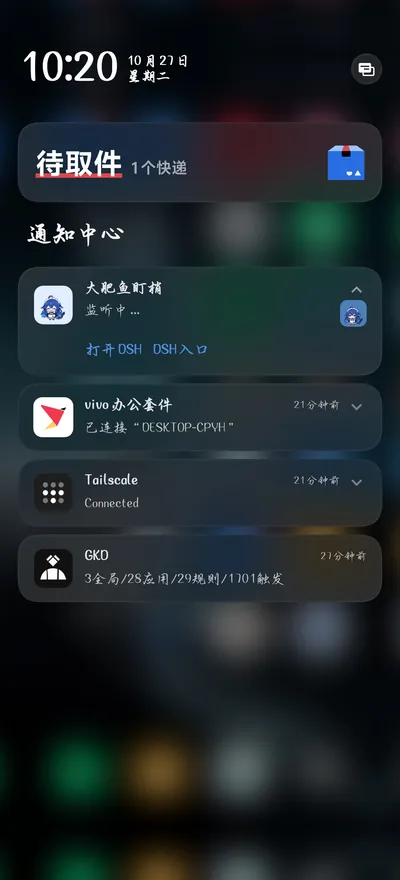 通知中心里大肥鱼盯梢常驻，状态监听中，带打开DSH与DSH入口两个动作